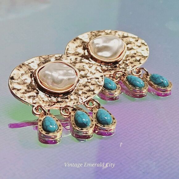 Rainy Cloud Faux Freshwater White Pearl W Blue Turquoise Rain Drops Gold Dangle - Picture 7 of 8